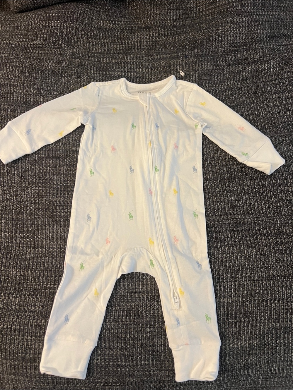 Ralph Lauren White Zip-Front Baby Footie with Multicolor Pony Embroidery